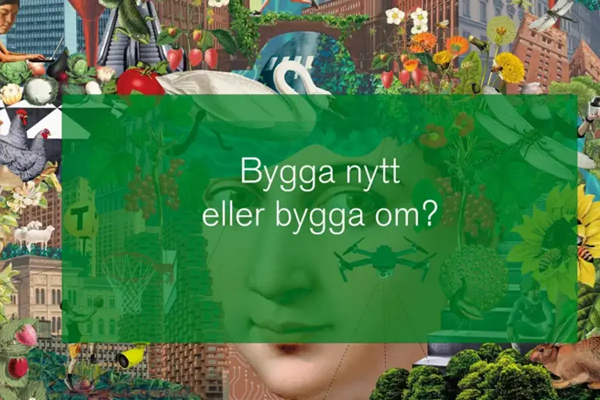 Textplatta "Bygga nytt eller bygga om" på bakgrund med olika element kopplat till stad, natur och människor. Illustration.