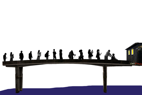 Människor går över bro. Illustration.