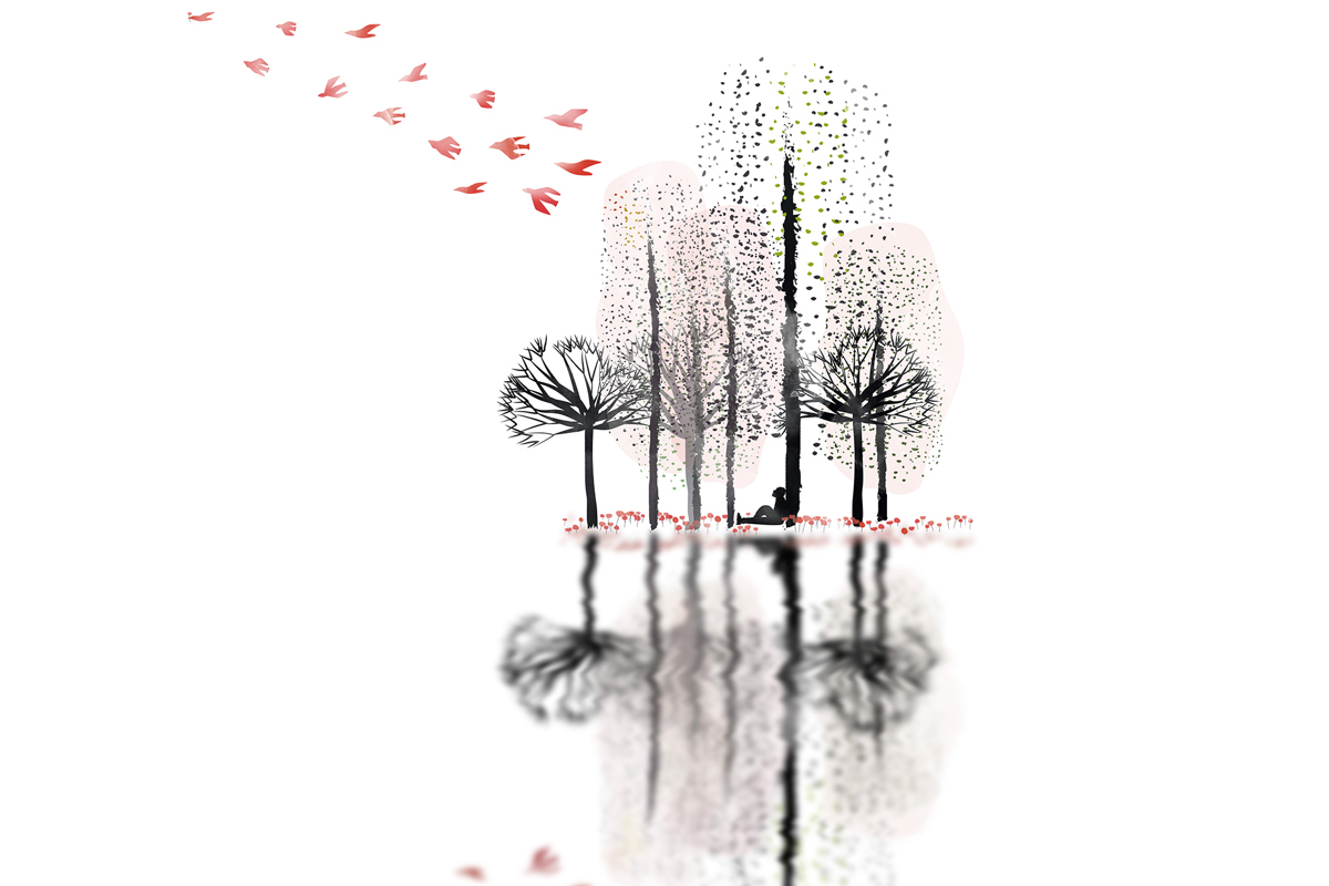 Fåglar i himlen och träd, reflekteras i vatten. Illustration.