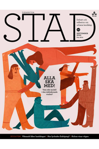 Omslag STAD 42. Olika sorters människor i olika positioner och ställningar. Illustration.