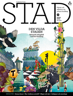 Omslag STAD 40. Stadsmiljö med människor och natur. Illustration.