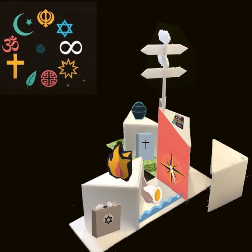 Skiss av utställning med olika religiösa symboler. Illustration.