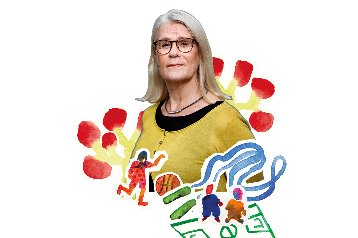 Titti Olsson, chefredaktör Tidskriften STAD, bland barn och lekredskap. Kollage.