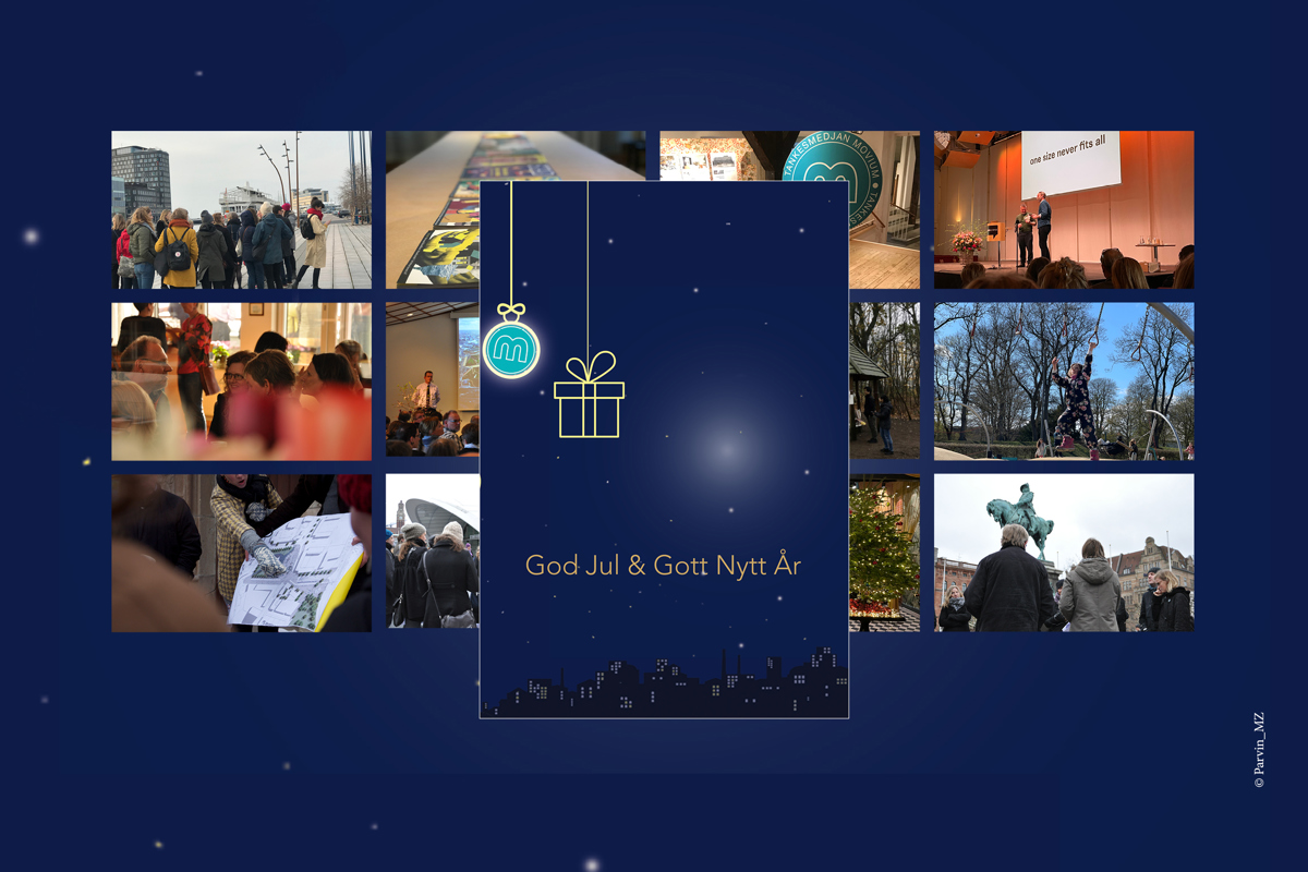 Kollage med bilder från årets aktiviteter med illustration av paket och julkula och julhälsning.