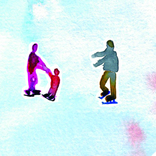 Två större skridskoåkare hjälper en mindre. Illustration.