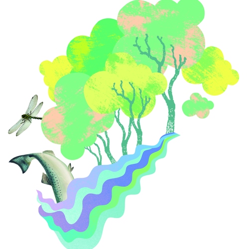 Träd, å, fisk, slända. Illustration.