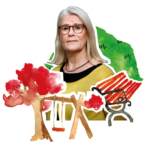 Titti Olsson bland grönska, gunga, parkbänk. Illustration.