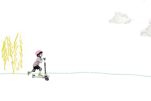 Barn åker sparkcykel. Illustration.