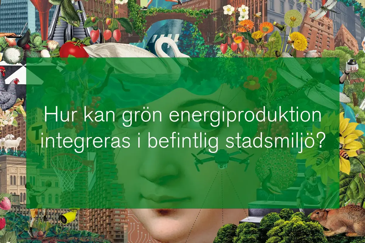 Textplatta med webbinariets titel "Hur kan grön energiproduktion integreras i befintlig stadsmiljö". Illustration.