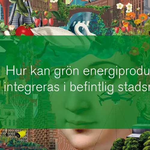Textplatta med webbinariets titel "Hur kan grön energiproduktion integreras i befintlig stadsmiljö". Illustration.