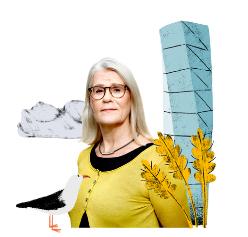 Chefredaktör Titti Olsson mås, vete och Turning Torso. Illustration.