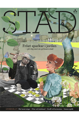 Omslag STAD 41. Finansherre och naturhippiekvinna sitter på rutig picnicfilt och spelar någon form av spel. Illustration.