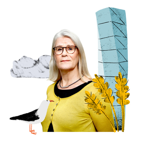 Chefredaktör Titti Olsson mås, vete och Turning Torso. Illustration.