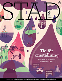 Omslag STAD 34. Oljetorn, vindkraftverk, träd med mera i droppar. Illustration.