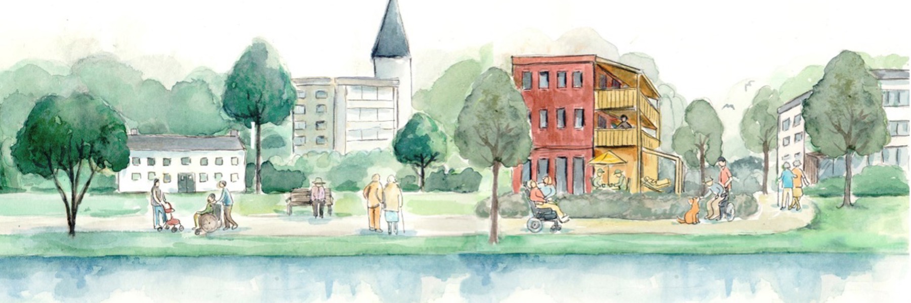 Illustration med hus och träd i stadsmiljö
