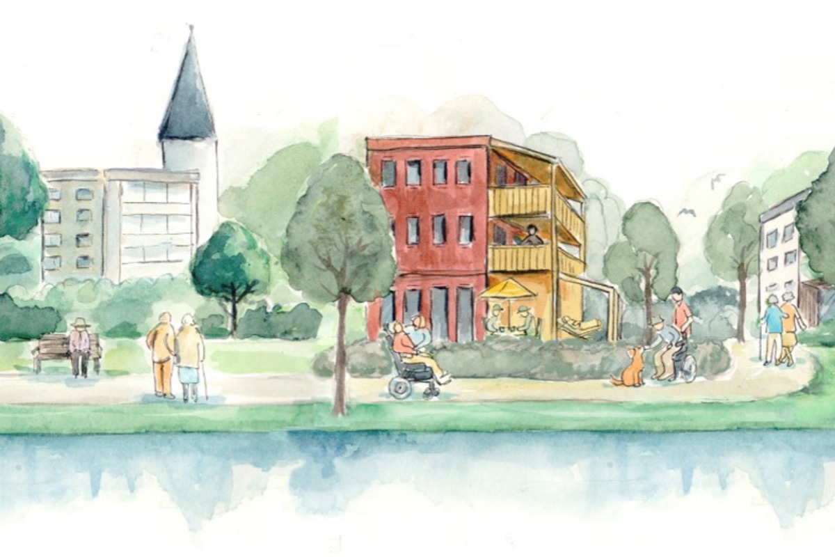 Illustration med hus och träd i stadsmiljö