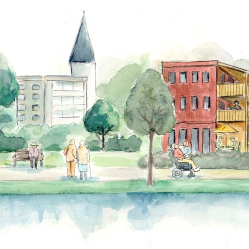 Illustration med hus och träd i stadsmiljö