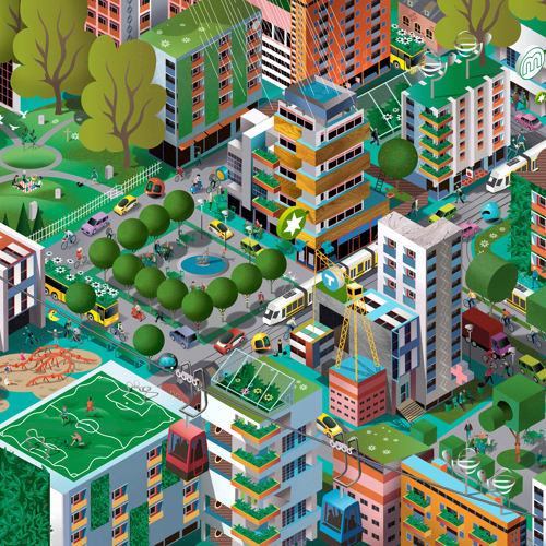 Illustration av en stad. 