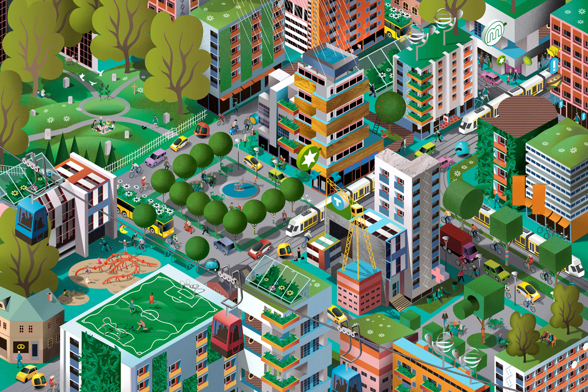 Illustration av en stad. 