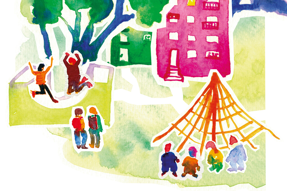 Barn och lekredskap på bostadsgård. Illustration.