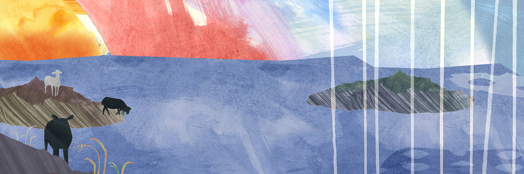 Hav, öar, får, solnedgång. Illustration.