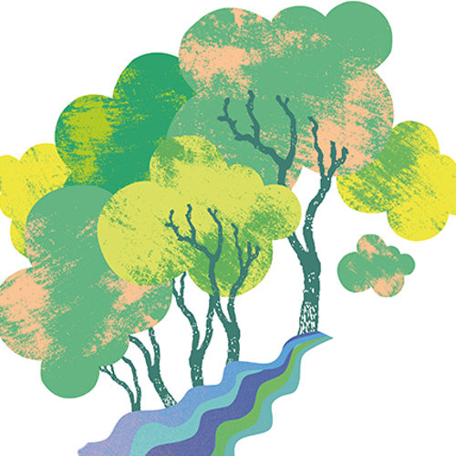 Träd och å. Illustration.