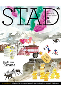 Omslag STAD 45. Hus, lyftkran, renar, skidåkare, gruva, staplar med mynt. Kollage av illustrationer.