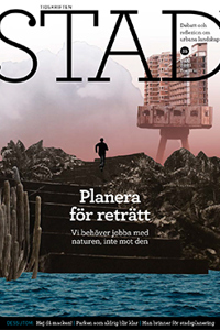 Omslag STAD 35. Hav, klippor, byggnader på pålar. Illustration.