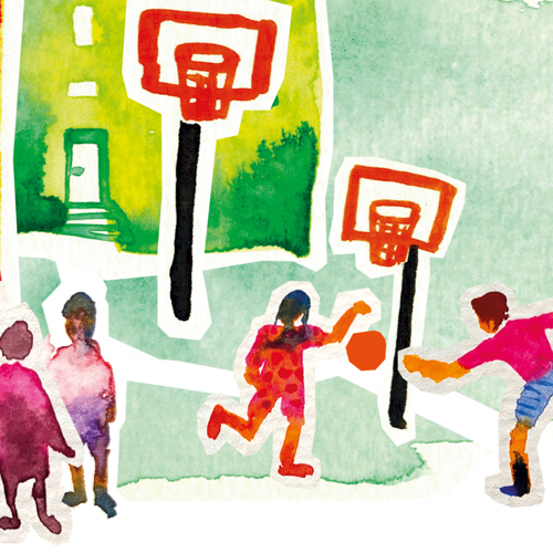 Barn spelar basket och står och hänger på bostadsgård. Illustration.
