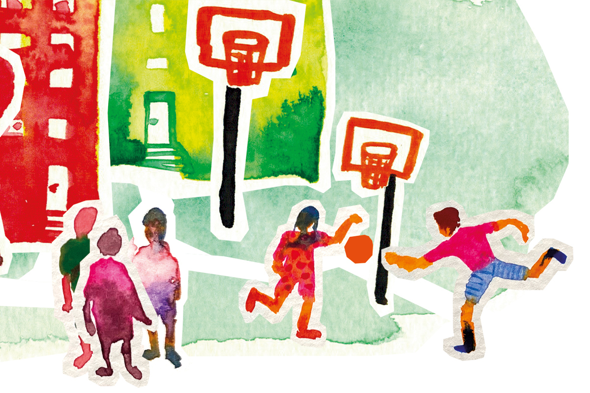 Barn spelar basket och står och hänger på bostadsgård. Illustration.