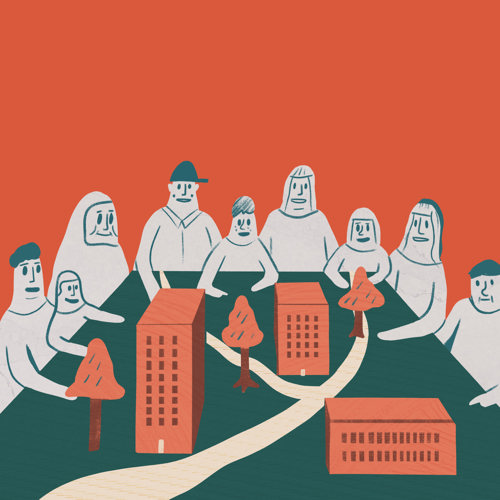 Olika människor sitter runt ett bord med en modell av en stad på. Illustration.