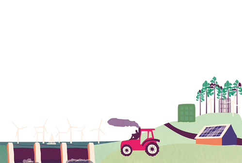 Traktor, solpaneler, vindkraftverk skog i någon form av energilandskap. Illustration.