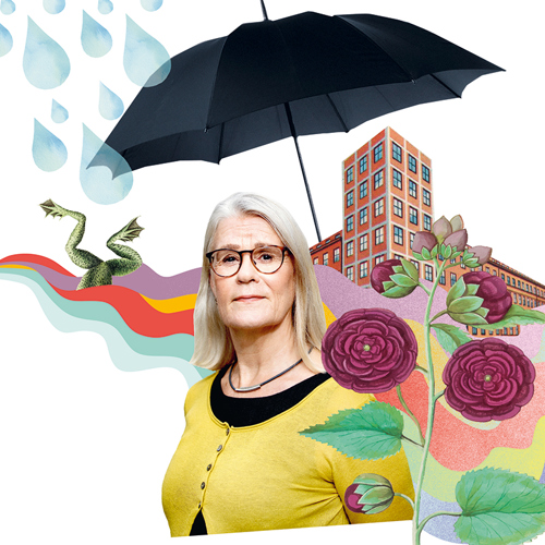 Chefredaktör Titti Olsson omgiven av blommor, höghus, paraply, regn och regnbågsflod. Kollage.