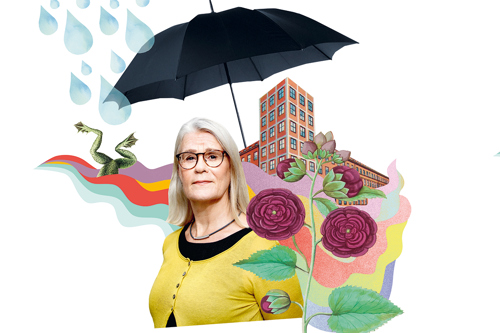 Chefredaktör Titti Olsson omgiven av blommor, höghus, paraply, regn och regnbågsflod. Kollage.