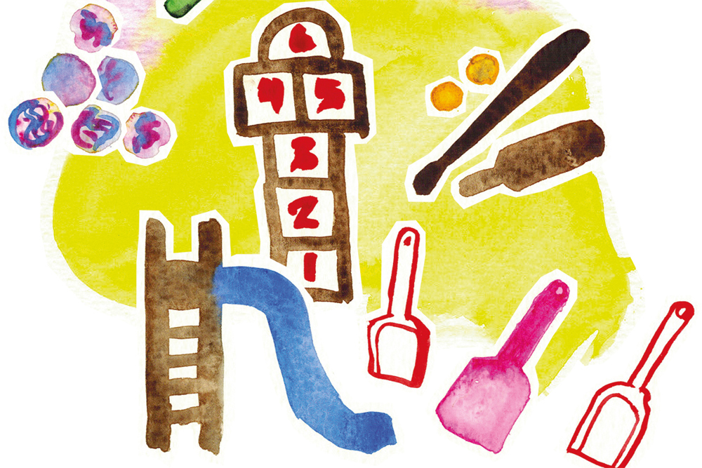 Lekredskap, sandlådeleksaker. Illustration.