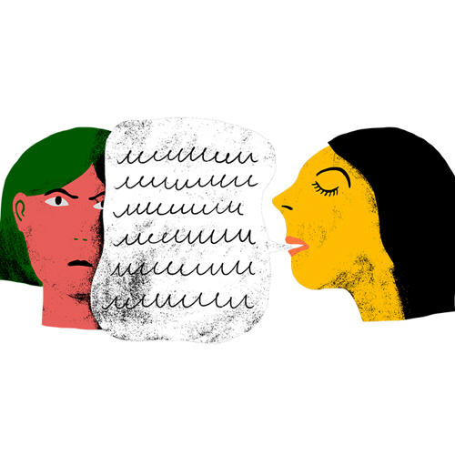 Två ansikten med en stor pratbubbla mellan dem. Illustration.