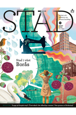 Omslag STAD 44. Å, park, natur, djur, symaskin, symbolbyggnader. Kollage av illustrationer.