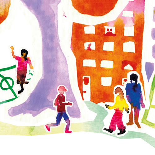 Barn på bostadsgård och fotbollsplan. Illustration.