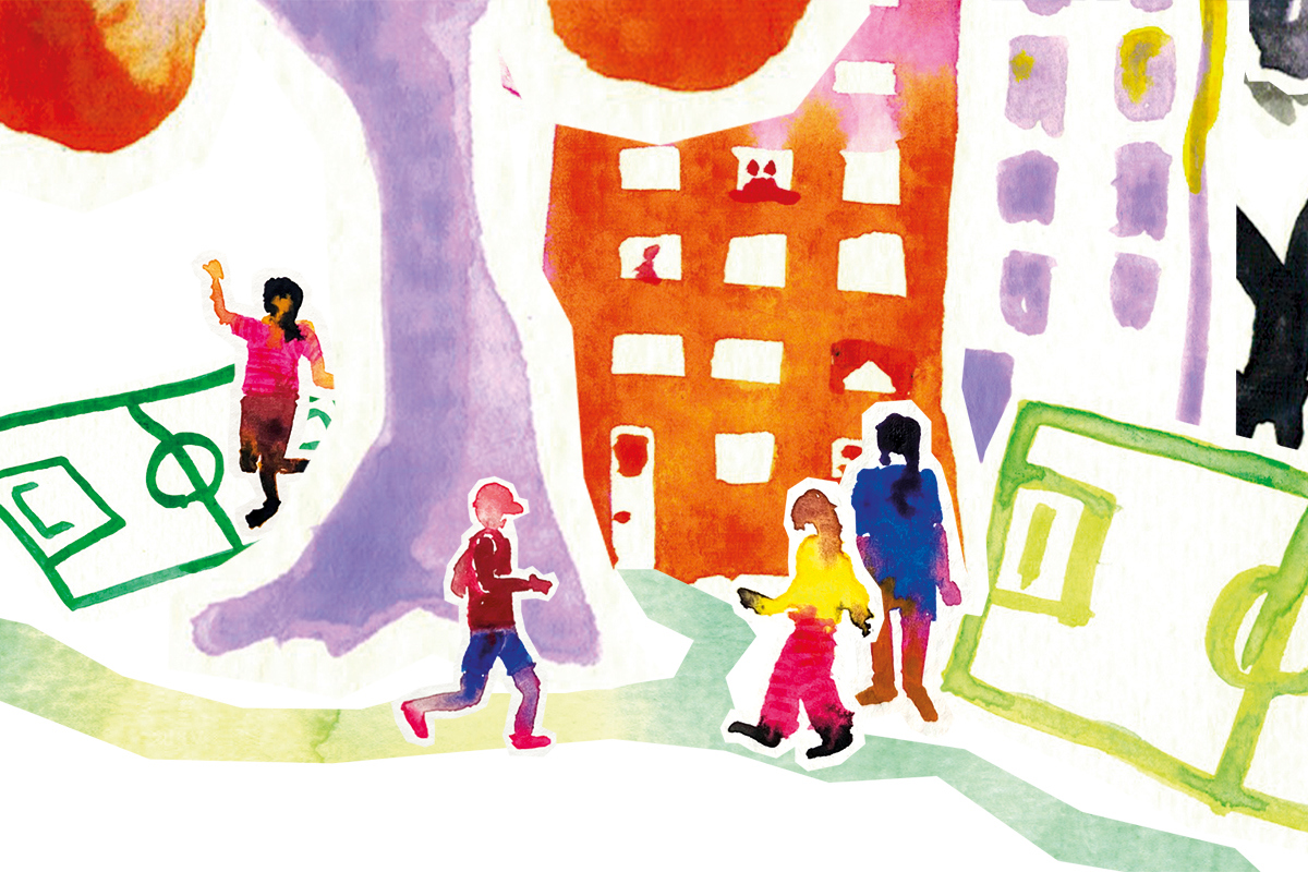 Barn på bostadsgård och fotbollsplan. Illustration.