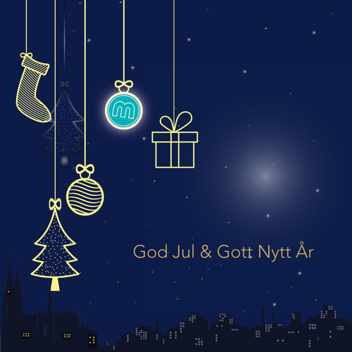 Julkulor mot stjärnhimmel och nattsiluett av stad. Illustration.