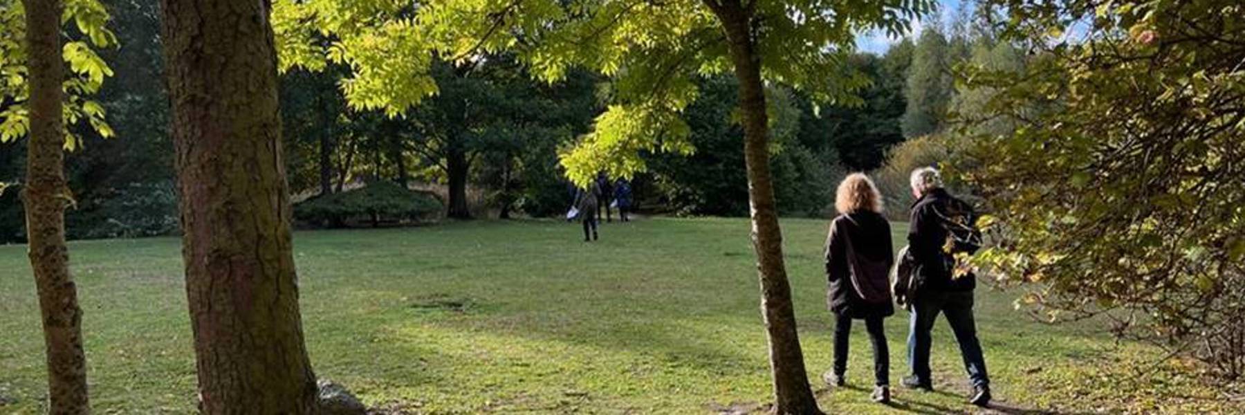 Två kvinnor promenerar i glänta i park. Foto.